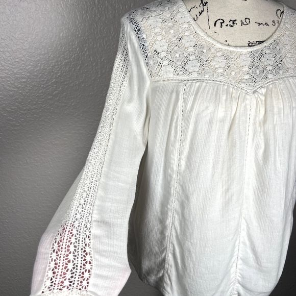 Hinge Sz S 3/4 Sleeve Sweetheart Lace Bodice Blouse White Lace Accents Boho - Picture 8 of 13